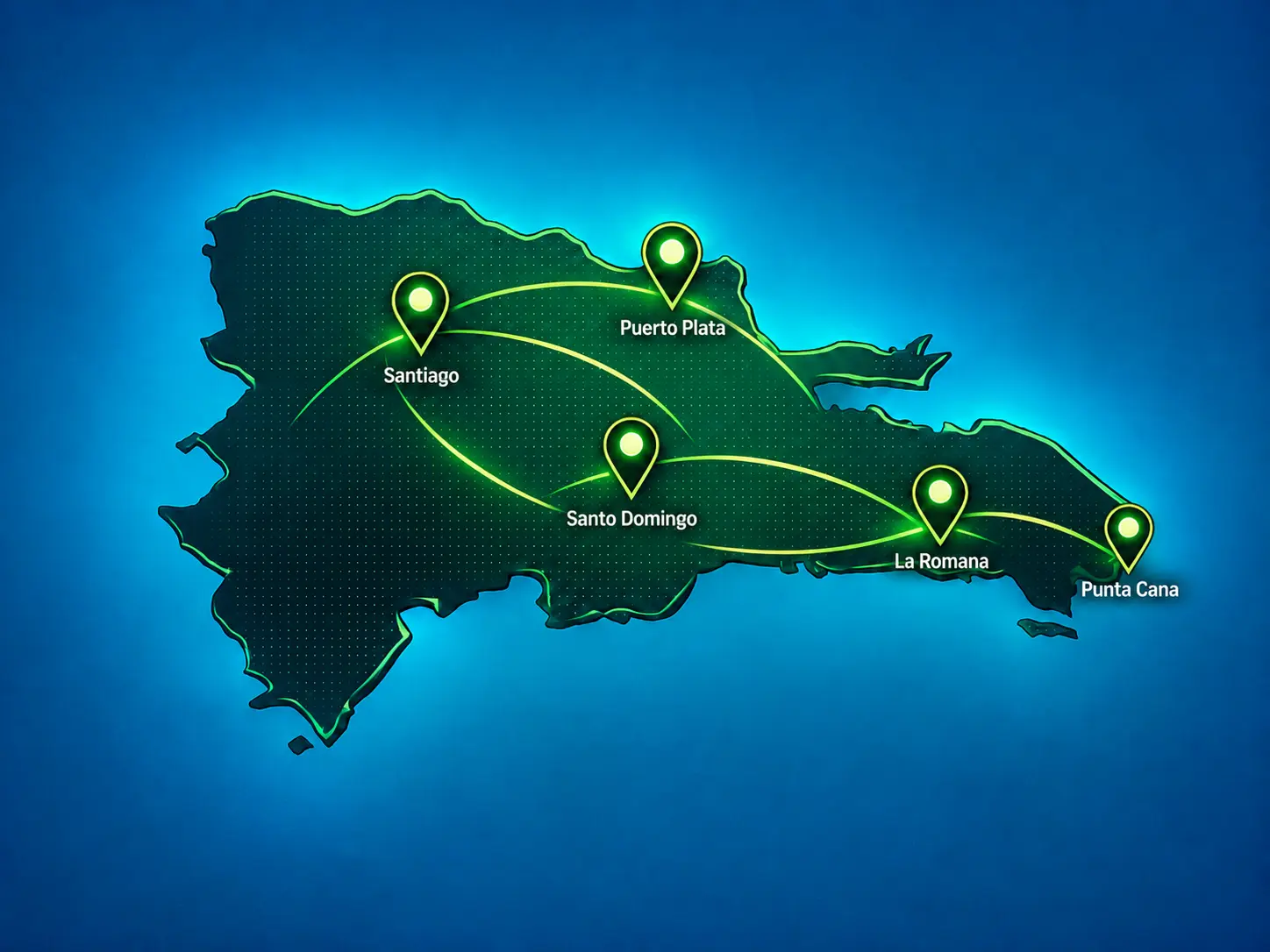 Mapa de la República Dominicana con rutas entre destinos